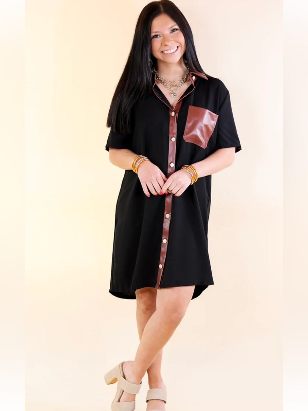 entro Black Shirt Dress with Brown Faux-Leather Trim